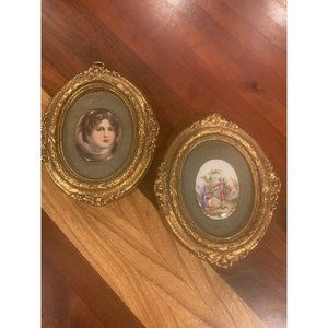 Vtg Cameo Creations x2  Victorian Ornate Gold Frames Oval Pictures Green